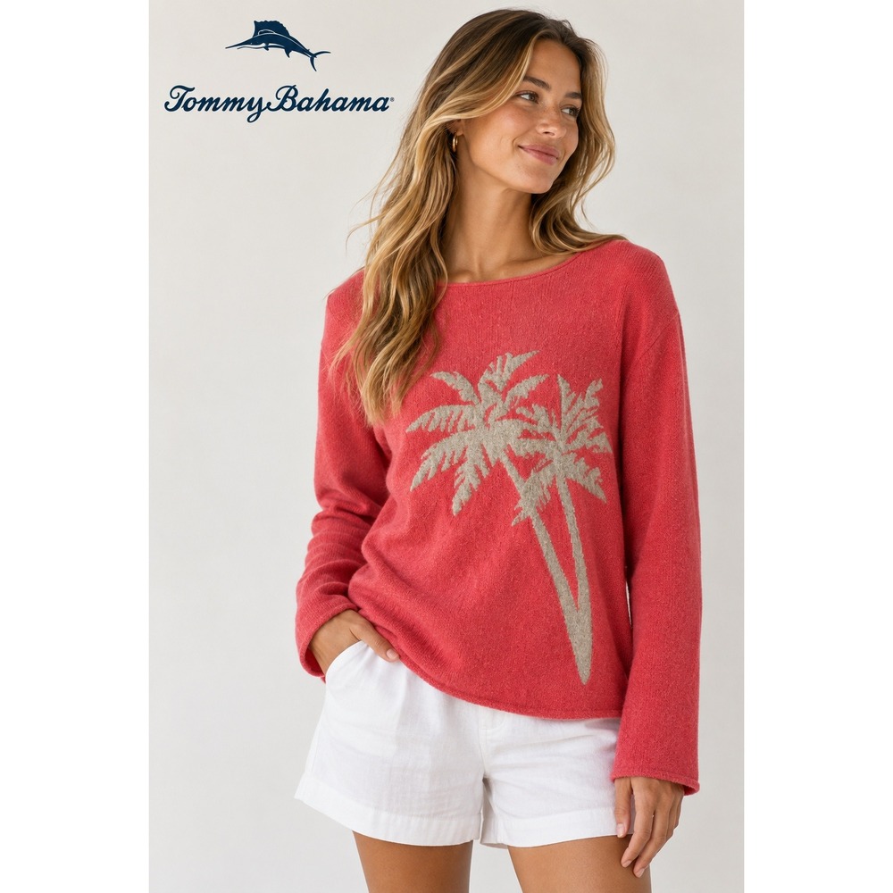 Tommy Bahama Womens Pink 100% Cashmere Palm Tree Intarsia Sweater XS
